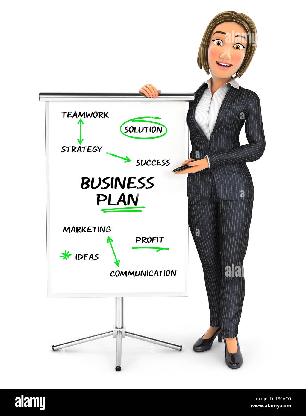 3d business woman writing business plan on paperboard, illustration with isolated white background Stock Photo