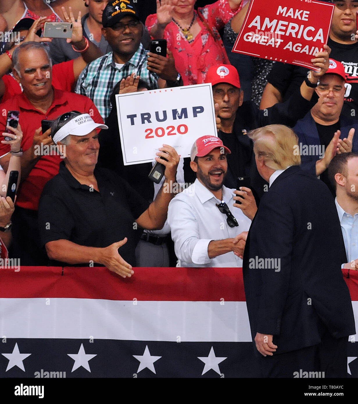Panama City Beach, Florida, USA. 08th May, 2019. U.S. President Donald Trump greets supporters before speaking at a Make America Great Again rally at the Aaron Bessant Park  Amphitheater on May 8, 2019 in Panama City Beach, Florida. (Paul Hennessy/Alamy) Credit: Paul Hennessy/Alamy Live News Stock Photo