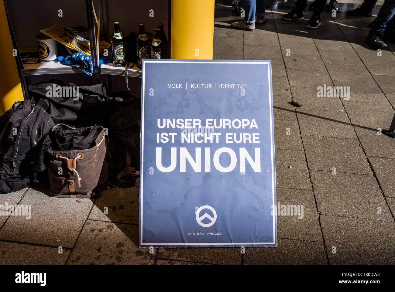 Munich, Bavaria, Germany. 9th May, 2019. ''Our Europe is not a Union''. Attempting to capitalize on increased foot traffic from the Europe Week in Munich, activists from the extreme-right Identitaere Bewegung (Identitaeren Movement, Generation Identity) set up an oversized tent that violated the Munich municipal laws at Sendlinger Strasse. The group had a maximum of 8 activists, including a well-known female activist that appears in videos and at actions. Approximately 40 counter demonstrators were present. The Identitaere Bewegung recently made news after the Christ Church massacre, after w Stock Photo