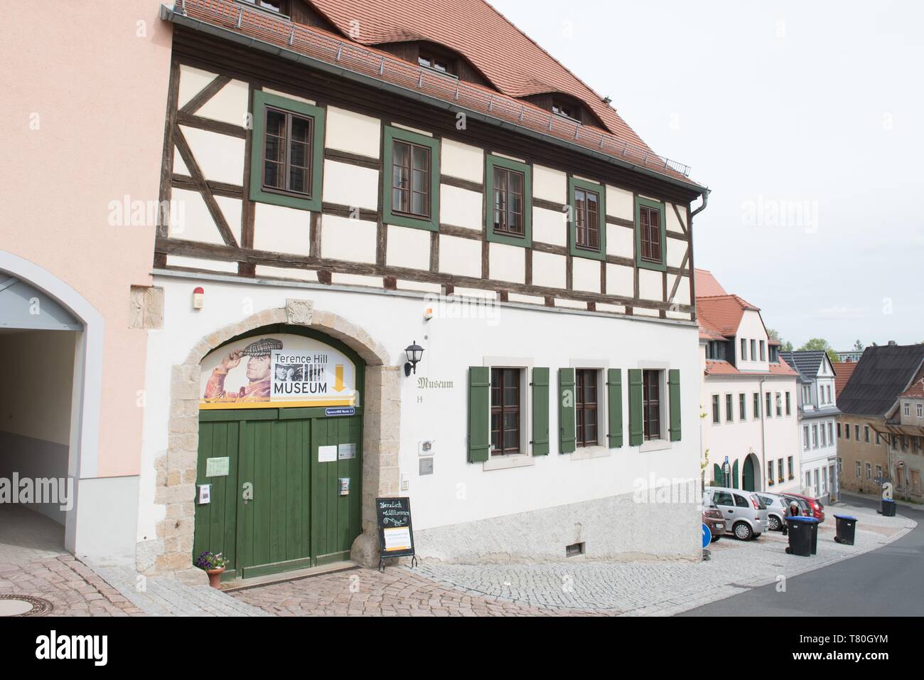Lommatzsch, Germany. 09th May, 2019. The entrance from the market square to the Terence Hill Museum. The museum in honour of the actor whose real name is Mario Girotti will be opened on 11 May 2019 in the town of 5000 inhabitants. Credit: Sebastian Kahnert/dpa-Zentralbild/dpa/Alamy Live News Stock Photo
