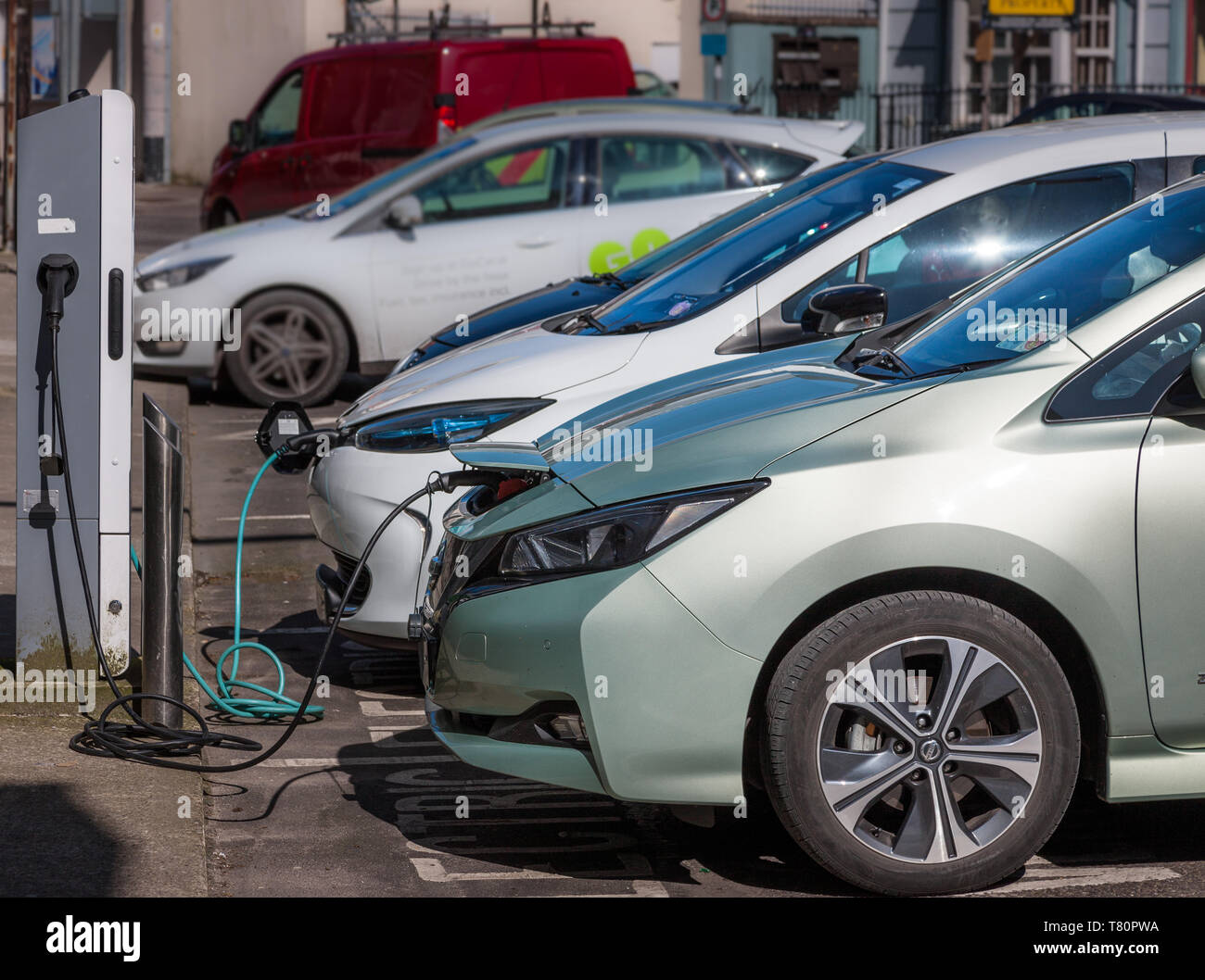 Cork City, Cork, Ireland. 10th May, 2019. Two new ecar charging points have been installed in Copley Street in Cork, Ireland. Thers are now over 1,100 public charge points available across the island of Ireland and a Government incentive which offers up to €5,000 grant per vehicle and up to €5,000 Vehicle Registration Tax relief to encourage drivers to swap to a environmental cleaner  type of transport. Credit: David Creedon/Alamy Live News Stock Photo