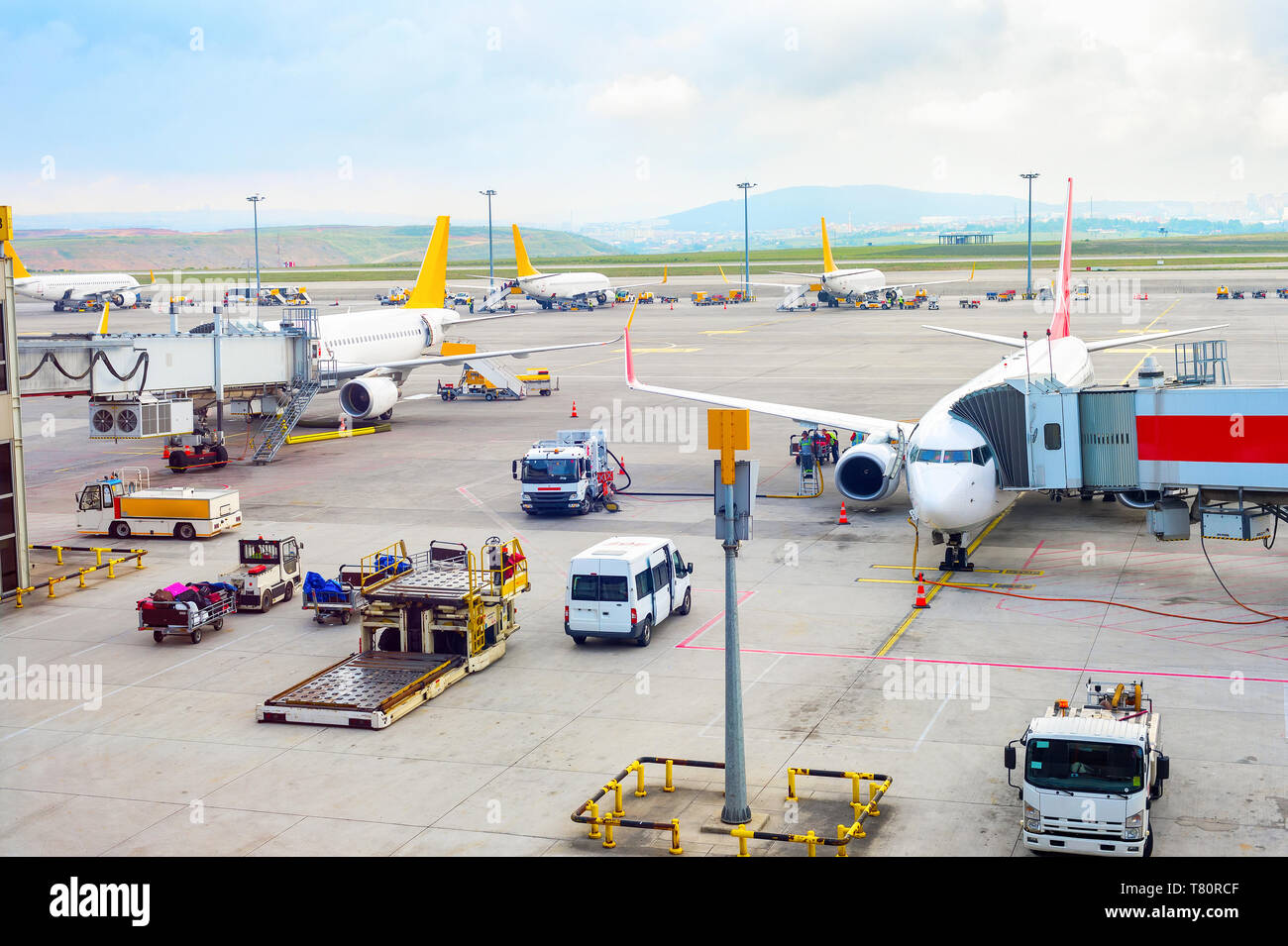 Aerial view of Istanbul International Airport airfield with planes ...