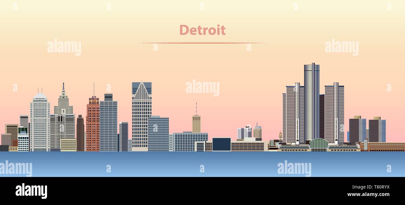 vector abstract illustration of Detroit city skyline at sunrise Stock Vector