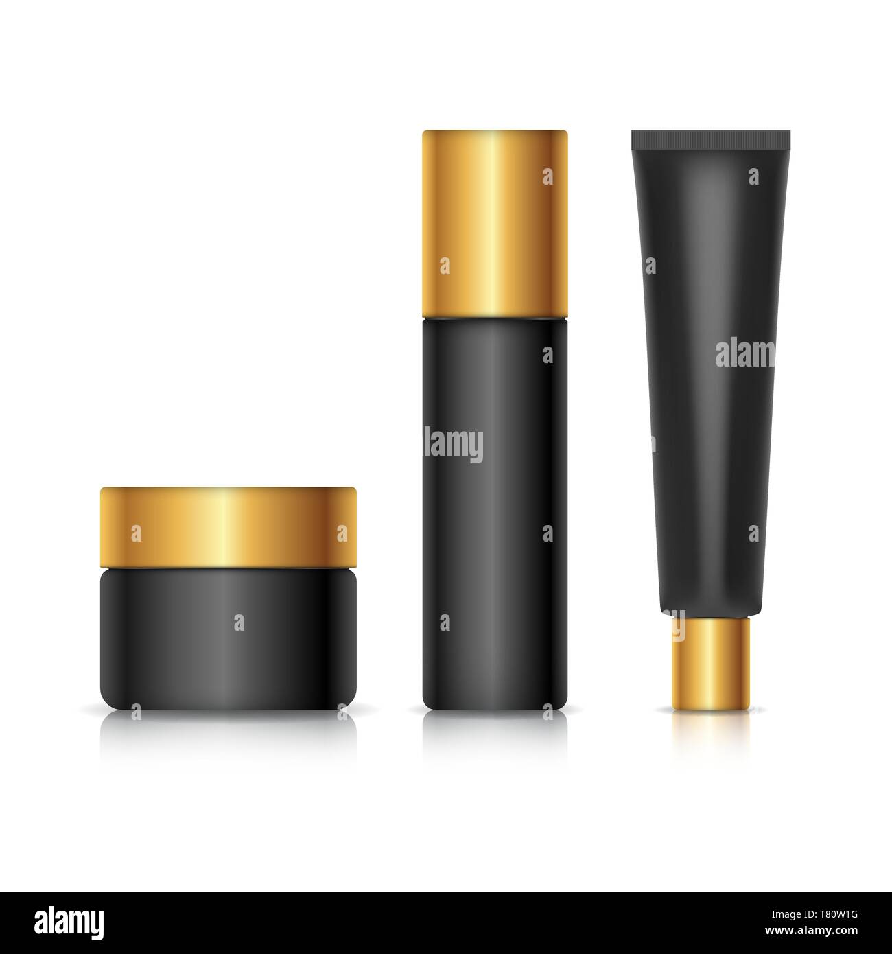 Set of container template for cosmetics. Black design with gold lids. Realistic vector mockup isolated on white background. Stock Vector