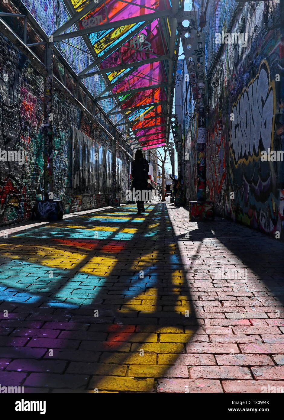 woman walks through graffiti alley in Cambridge, MA (april 17, 2019) Stock Photo