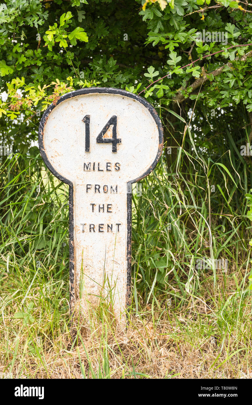 Nottingham to Grantham Canal inland waterways metal mile marker sign, England, UK Stock Photo