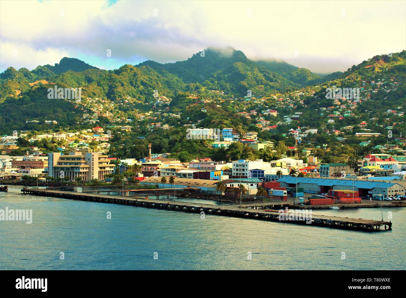 A view across the port and town of Kingstown, the capital of the Caribbean island of St Vincent. Shot taken from the top of a cruise ship in port. Stock Photo