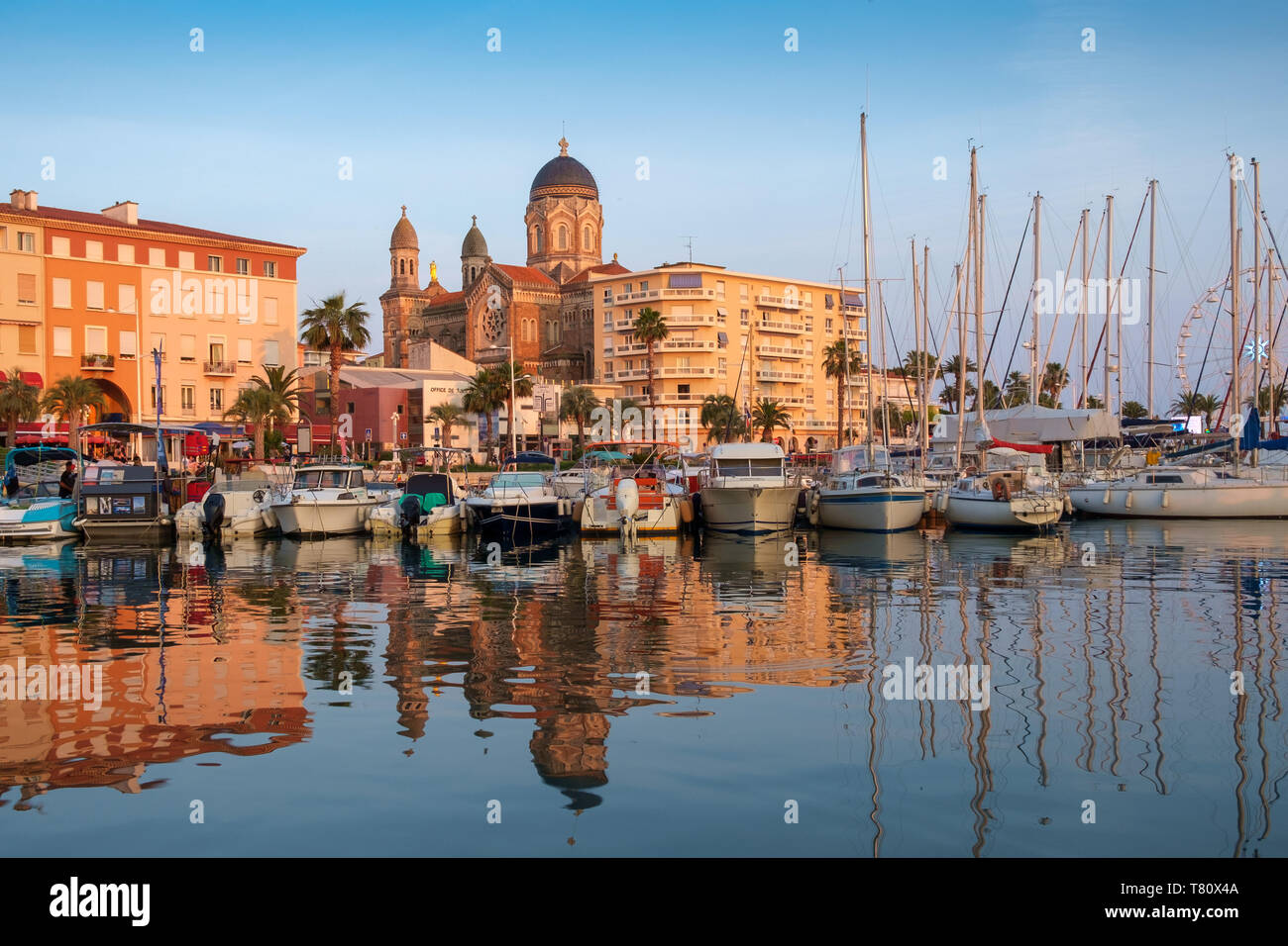 The basilica, marina and waterfront of Saint Raphael, Côte d'Azur, France. Stock Photo