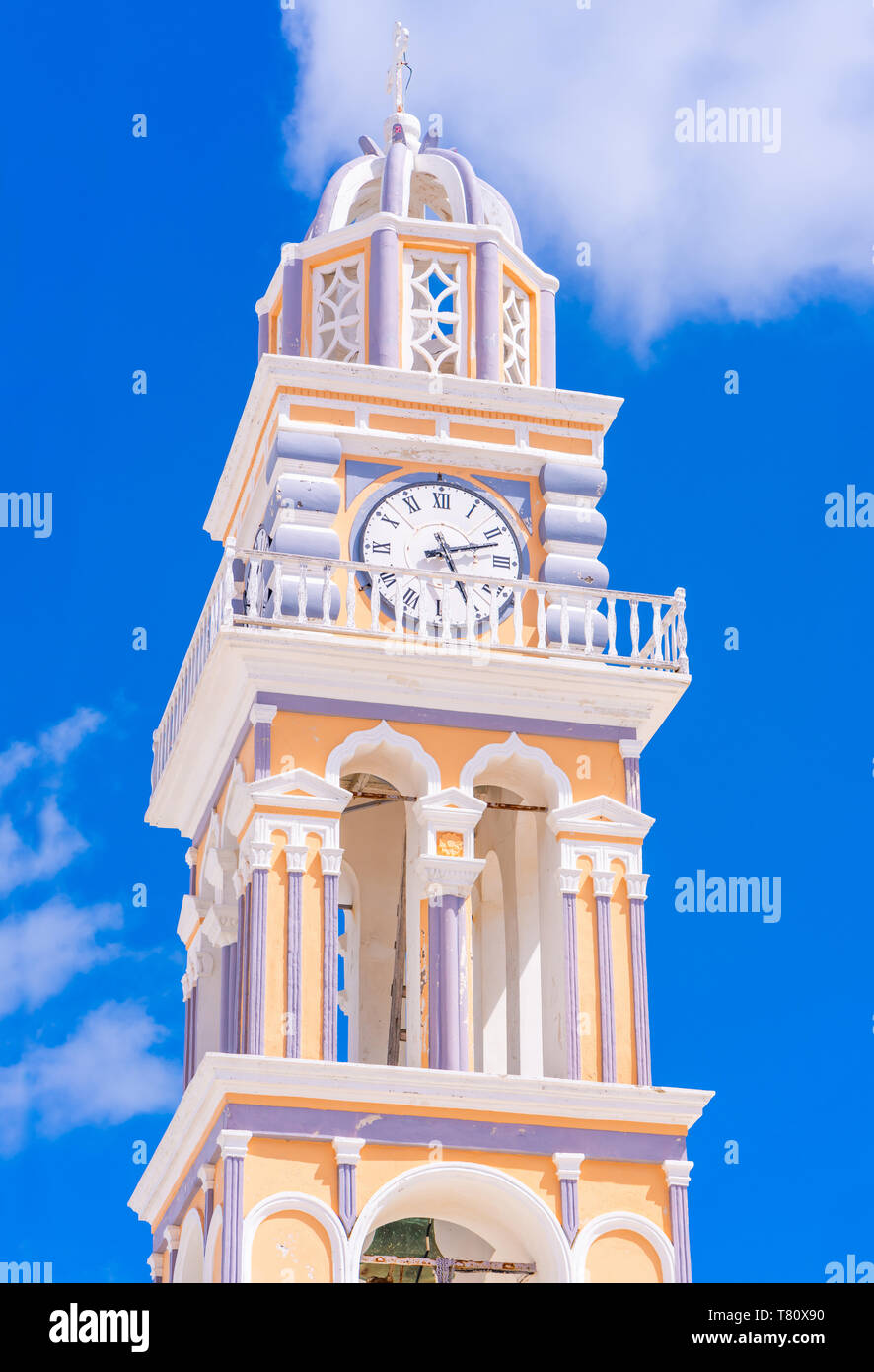 Clocktower of Cathedral of Saint John the Baptist in Fira Santorini ...