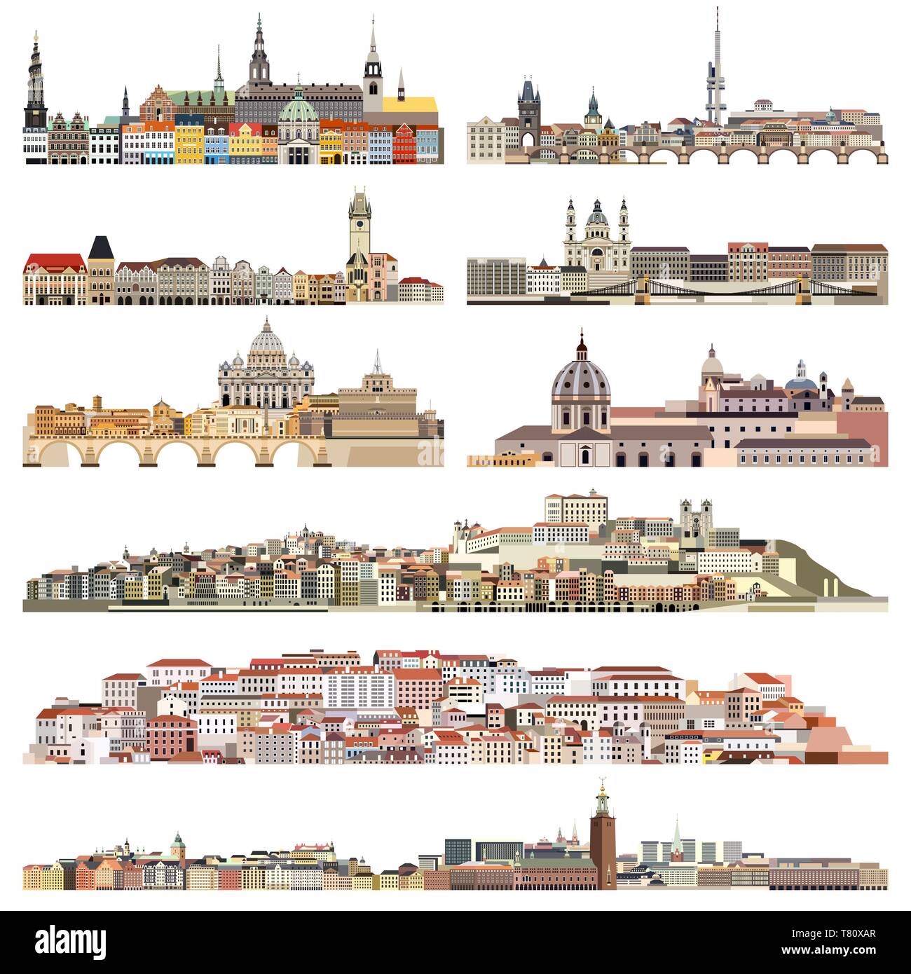 vector skylines of old historic part of cities Stock Vector