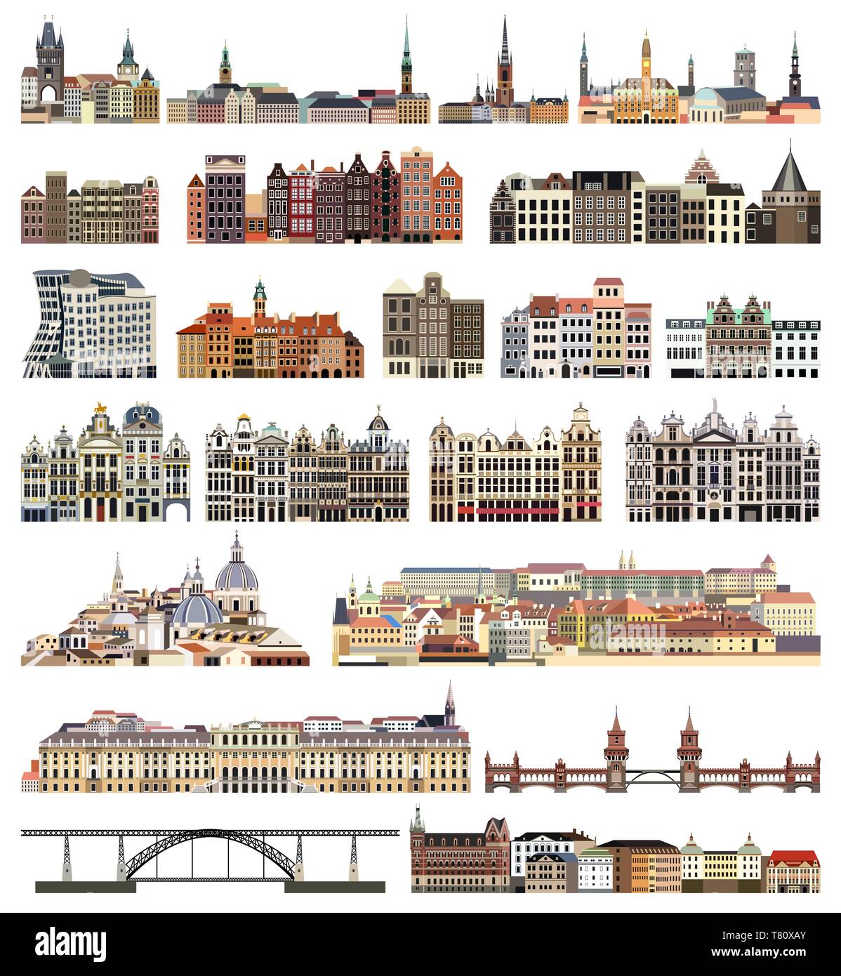 vector set of isolated houses, buildings, bridges and other cities street's skylines elements Stock Vector