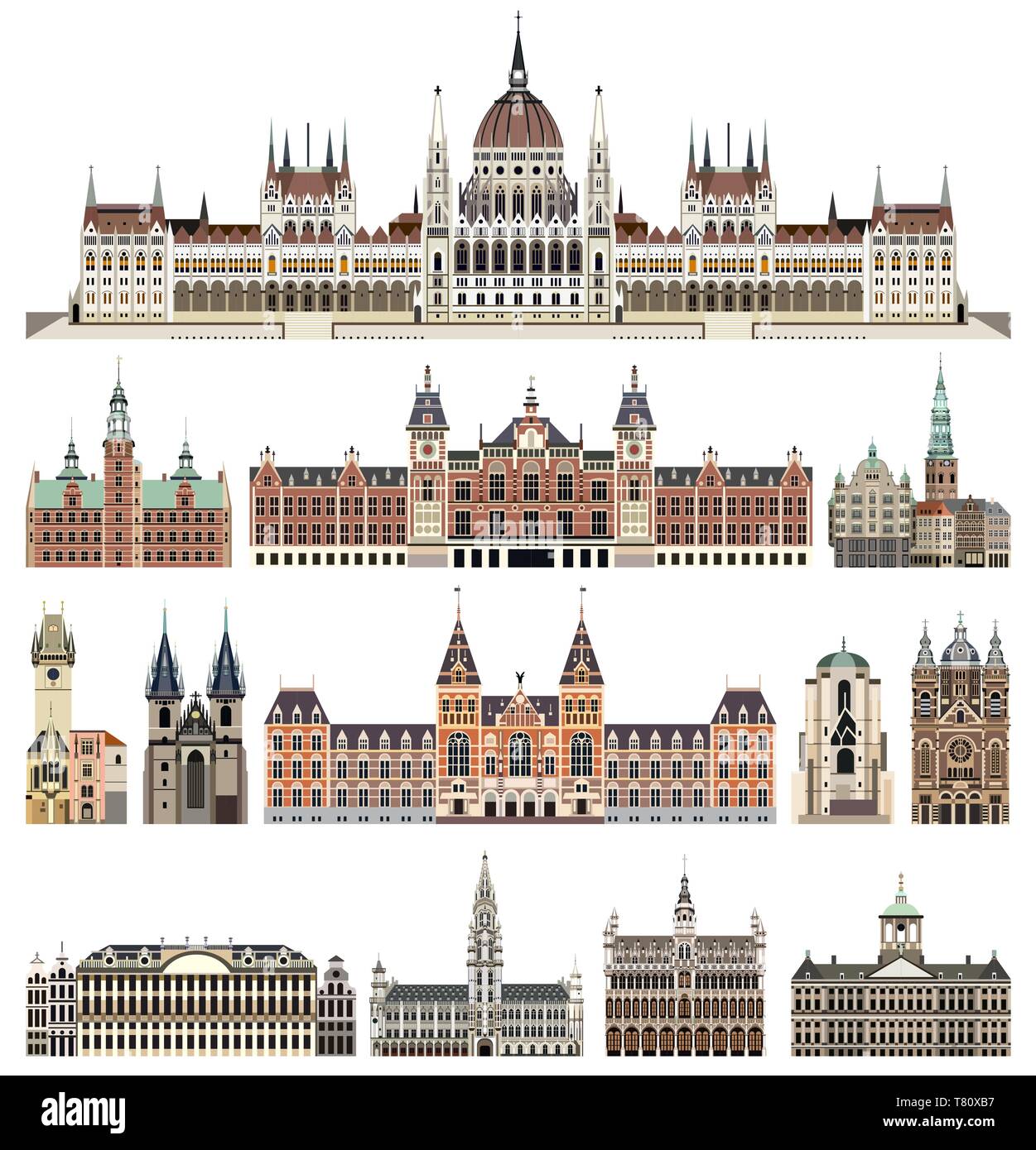 vector set of isolated cathedrals, palaces, houses, buildings,  and other cities street's skylines elements Stock Vector