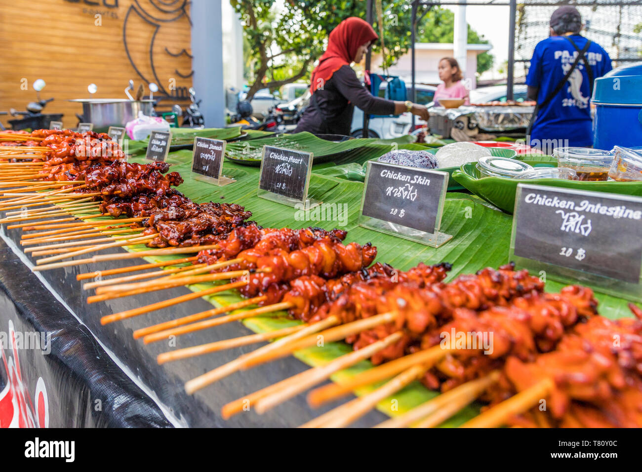 A barbecue meat stall at the Indy market in Phuket old town, Phuket, Thailand, Southeast Asia