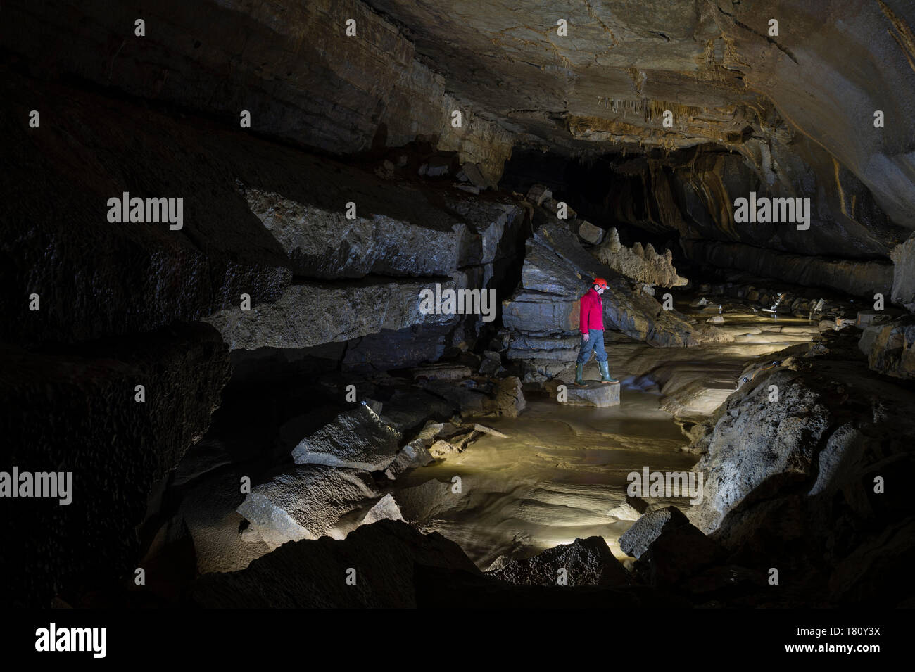 Speleologist in the Krizna Jama Cave, Cross Cave, Grahovo, Slovenia, Europe Stock Photo