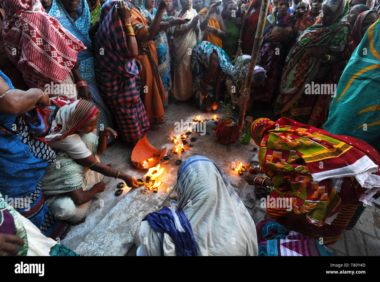 Widows gathered to celebrate Kartika Brata month long festival by fasting together and burning puja lamps, Puri, Odisha, India, Asia Stock Photo