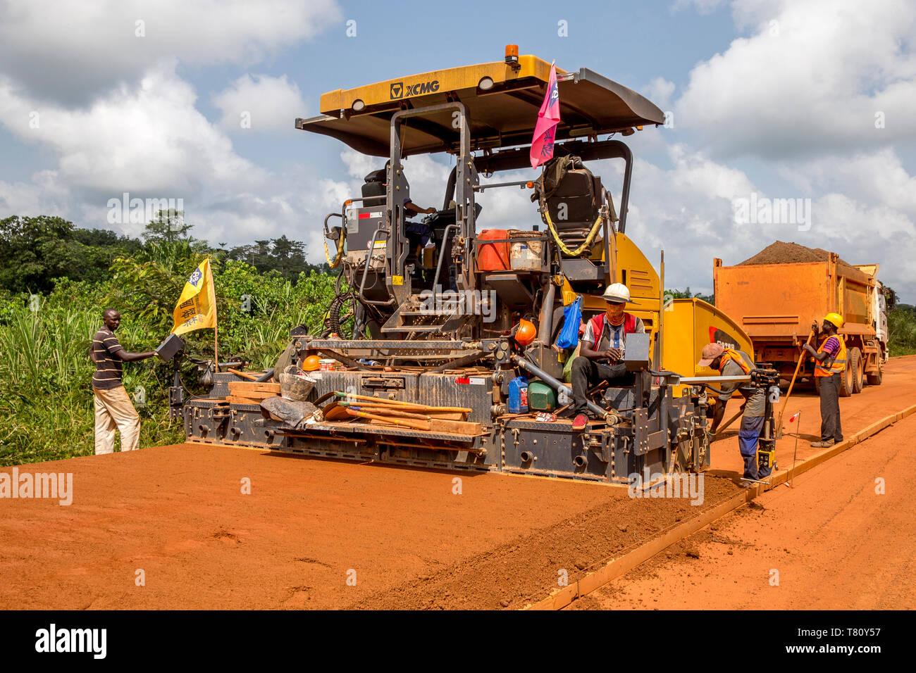 Road building engineered by a Chinese company near Agboville, Ivory Coast, West Africa, Africa Stock Photo