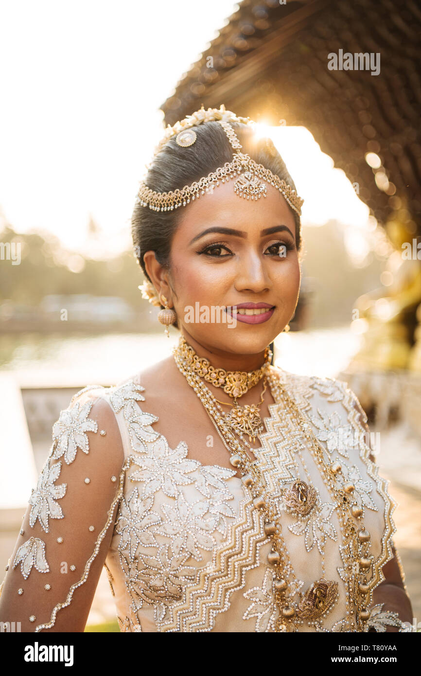 Portrait of Bride, Seema Malakaya Temple, Colombo, Western Province, Sri Lanka, Asia Stock Photo