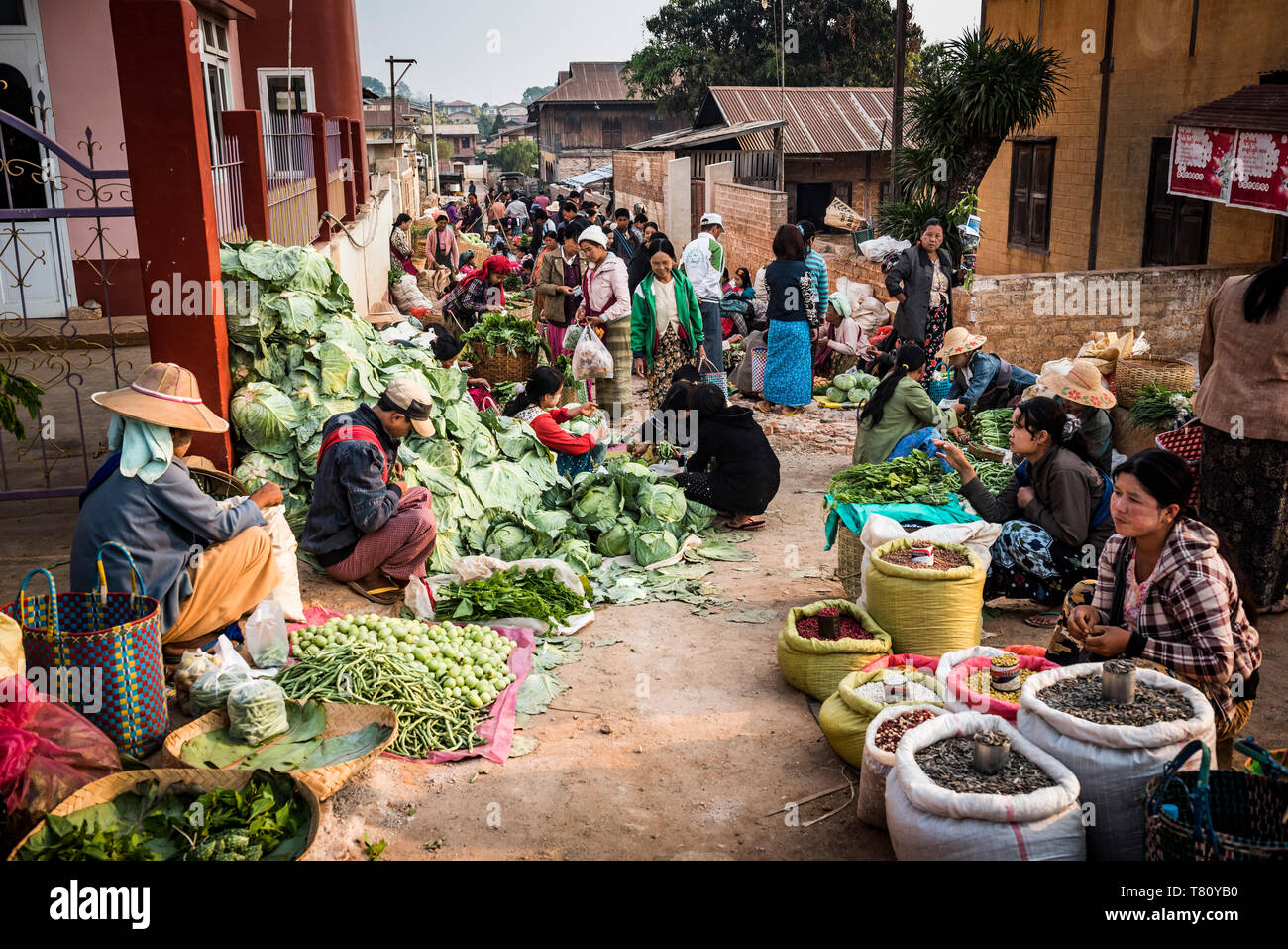 Fruit and vegetable market at Pindaya, Shan State, Myanmar (Burma) Stock Photo
