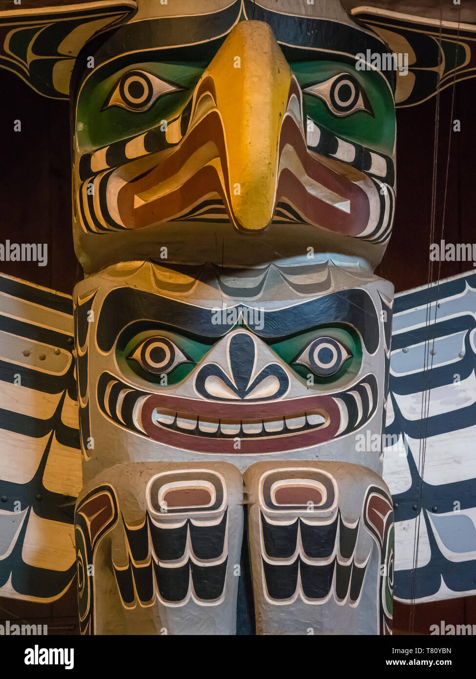 Totem pole in the longhouse of the Kwakwaka'wakw people, Alert Bay, British Columbia, Canada, North America Stock Photo