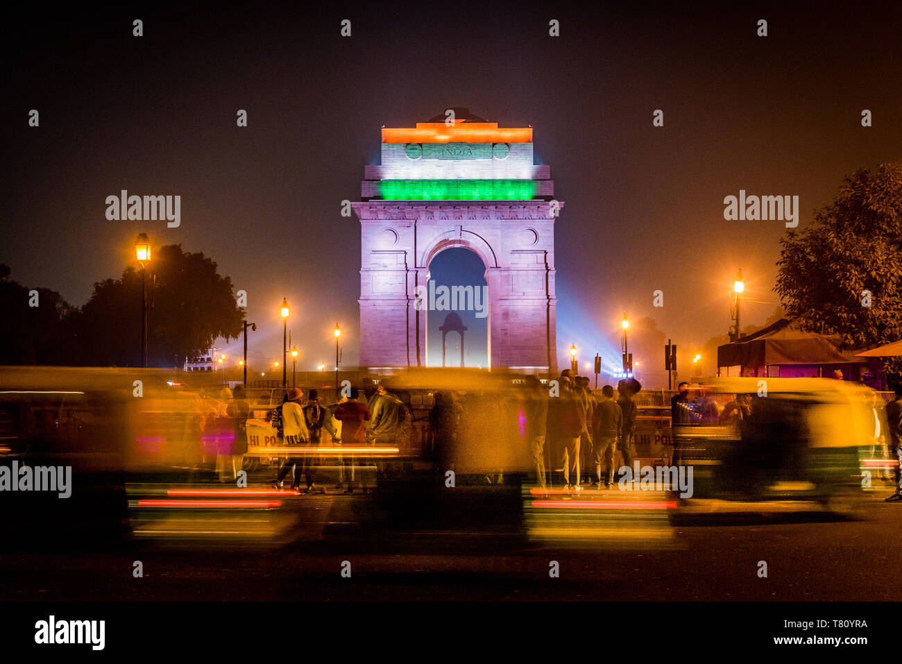 India Gate at night with Indian flag projected on it, New Delhi, India, Asia Stock Photo