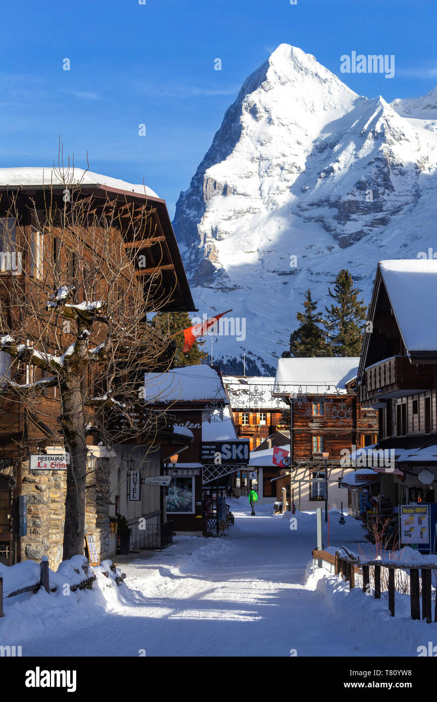 Traditional houses with Eiger in the background. Murren, Lauterbrunnen