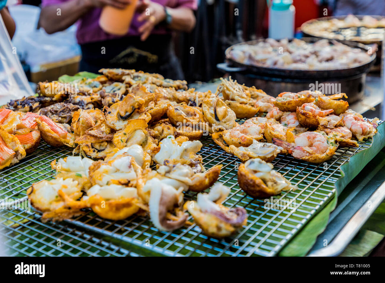 A fried seafood stall at the famous Walking Street night market in Phuket old Town, Phuket, Thailand, Southeast Asia, Asia Stock Photo