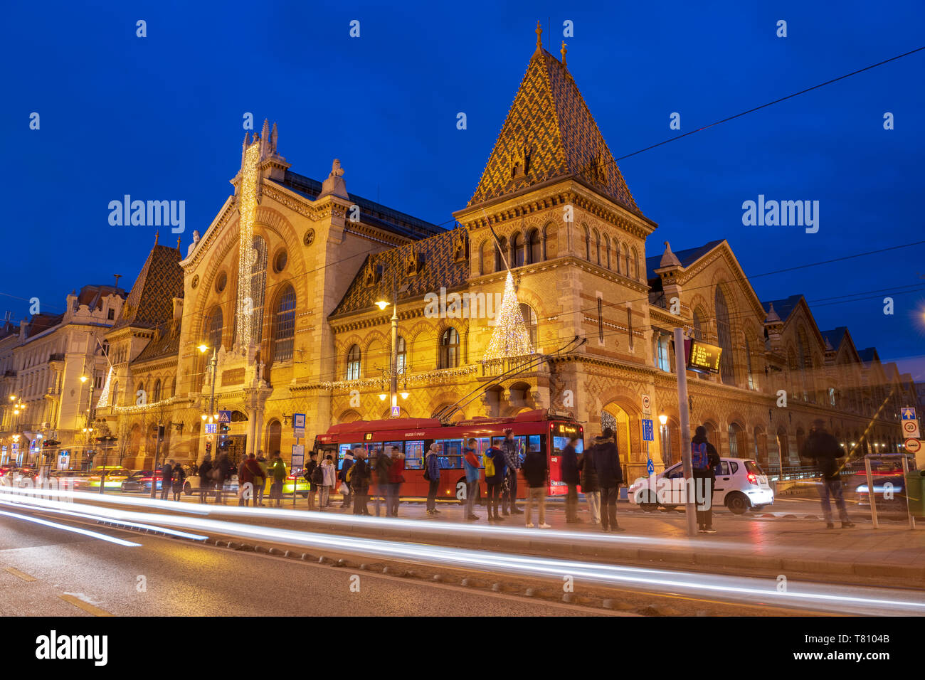 Exterior of Great Market Hall (Central Market Hall) at night with light trails, Kozponti Vasarcsarnok, Budapest, Hungary, Europe Stock Photo