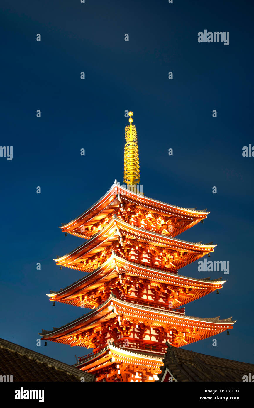 The Five Storey Pagoda at dusk next to the Senso-ji Temple in Asakusa, Tokyo, Honshu, Japan, Asia Stock Photo