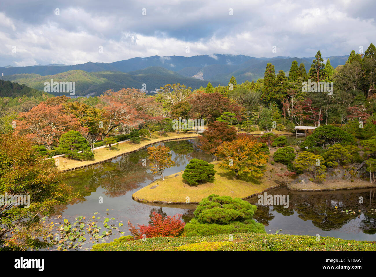 An aerial view of Yokuryuchi Pond surrounded by autumn foliage at the Shugakin Imperial Villa Garden, Kyoto, Japan, Asia Stock Photo