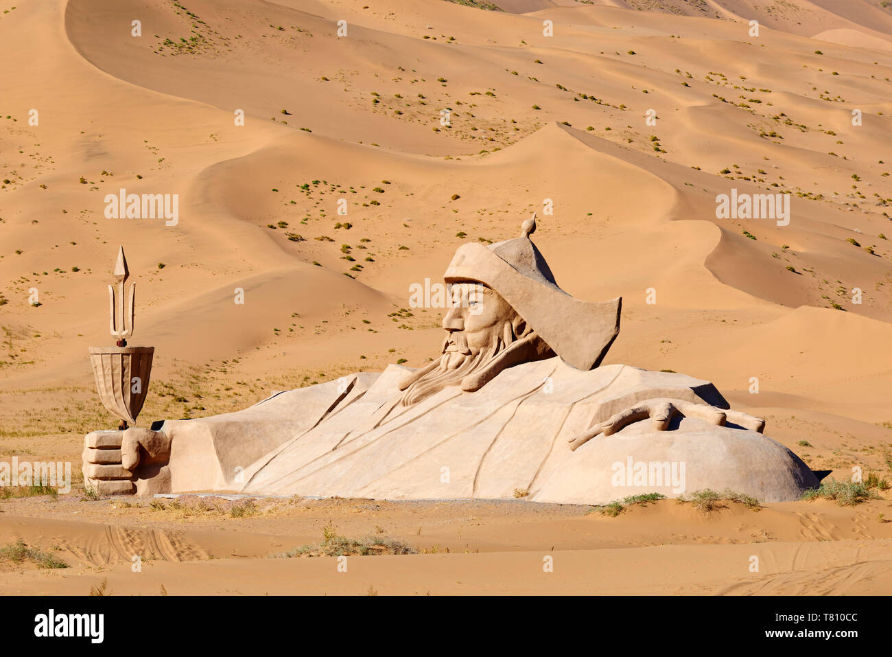 Statue of Gengis, Mongol emperor, Badain Jaran Desert, Gobi Desert, Inner Mongolia, China, Asia Stock Photo