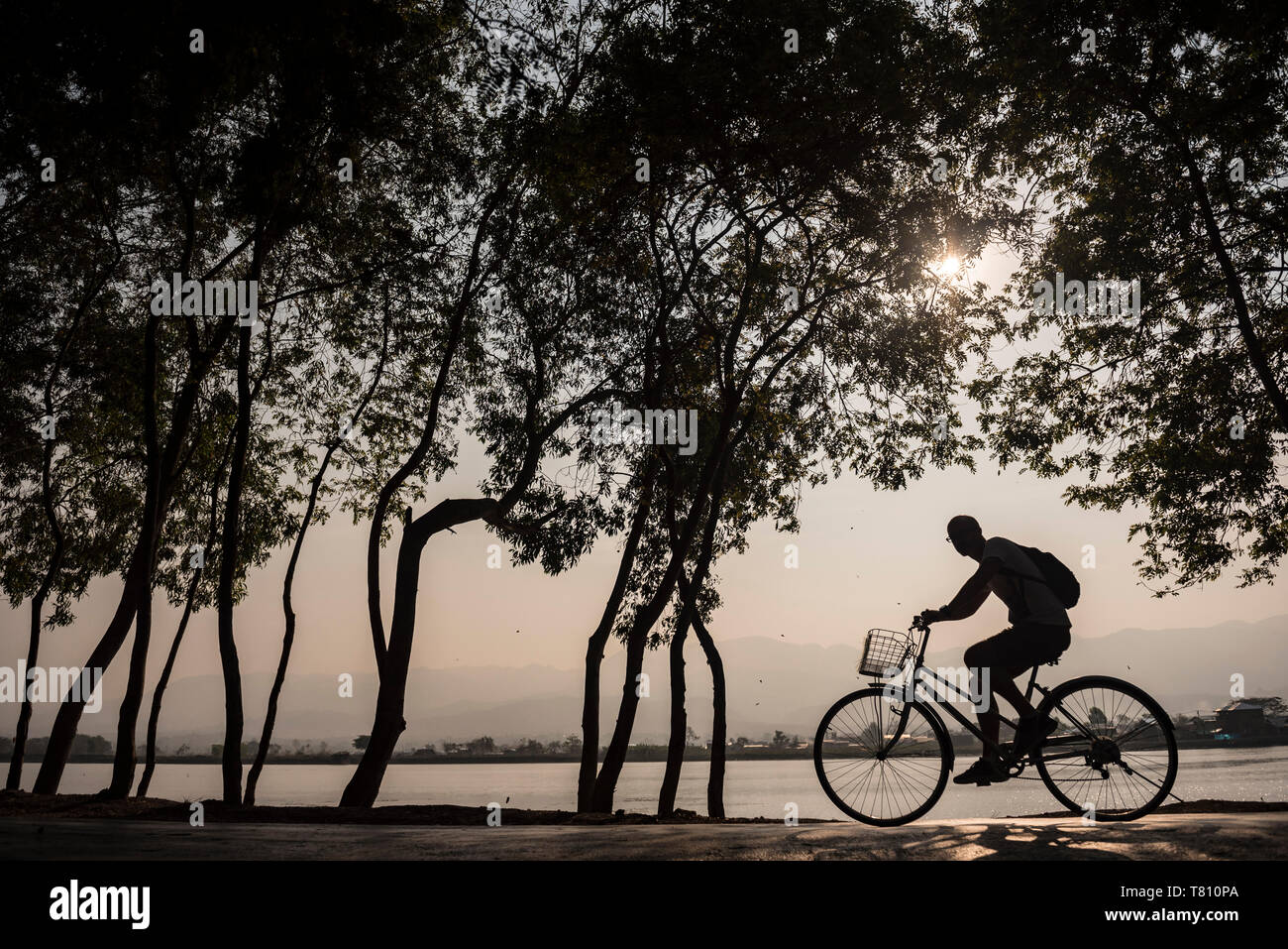 Tourist exploring Inle Lake by bicycle at sunset, Shan State, Myanmar (Burma), Asia Stock Photo