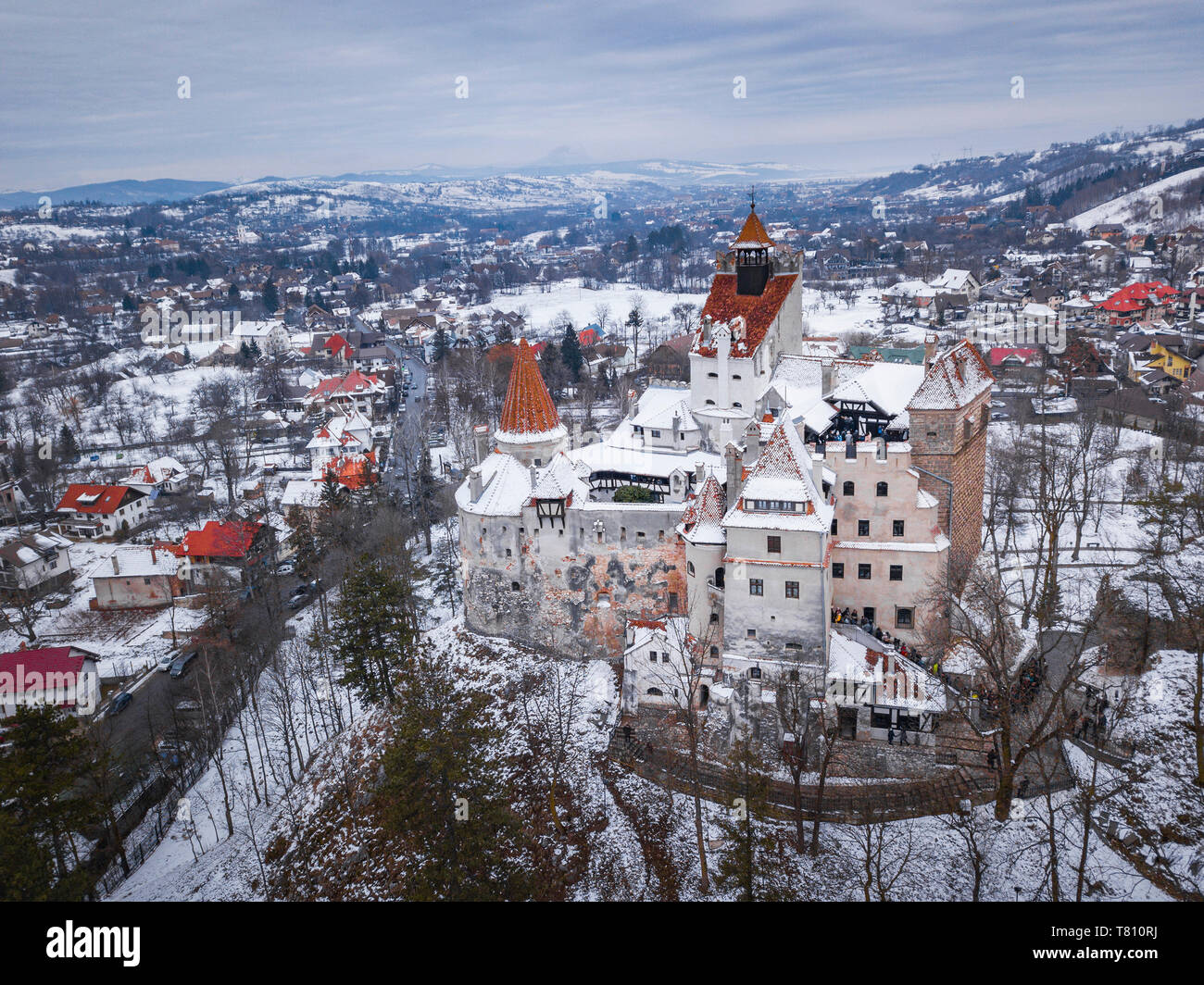 Bran Castle covered in snow in winter, Transylvania, Romania, Europe Stock Photo