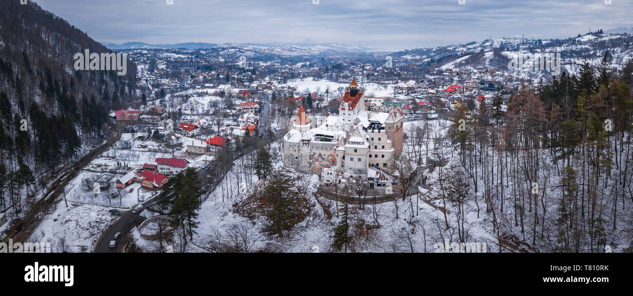 Bran Castle covered in snow in winter, Transylvania, Romania, Europe Stock Photo