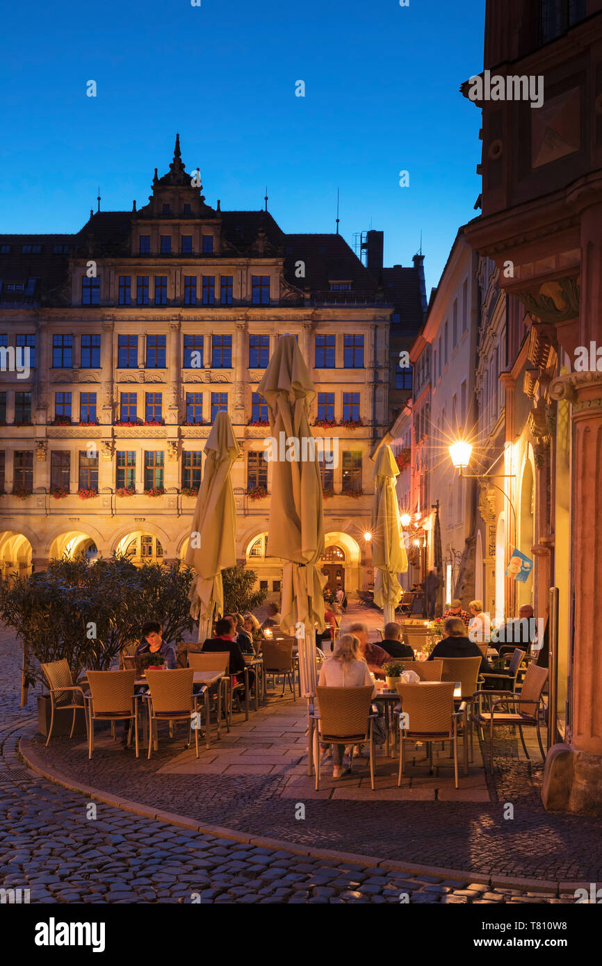 Restaurant at Untermarkt Square with New town hall, Goerlitz, Saxony, Germany, Europe Stock Photo