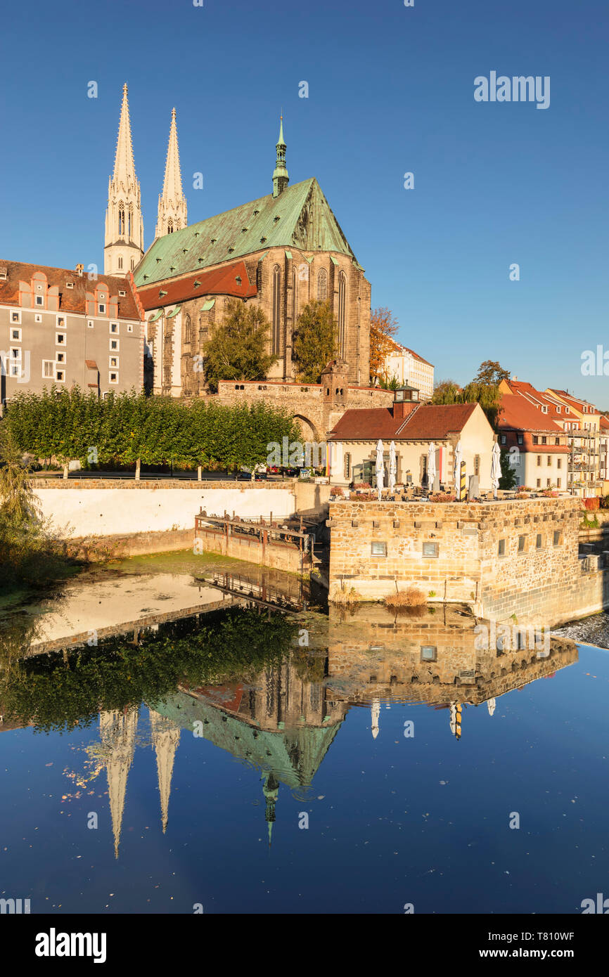 View over Neisse River to St. Peter and Paul Church, Goerlitz, Saxony, Germany, Europe Stock Photo