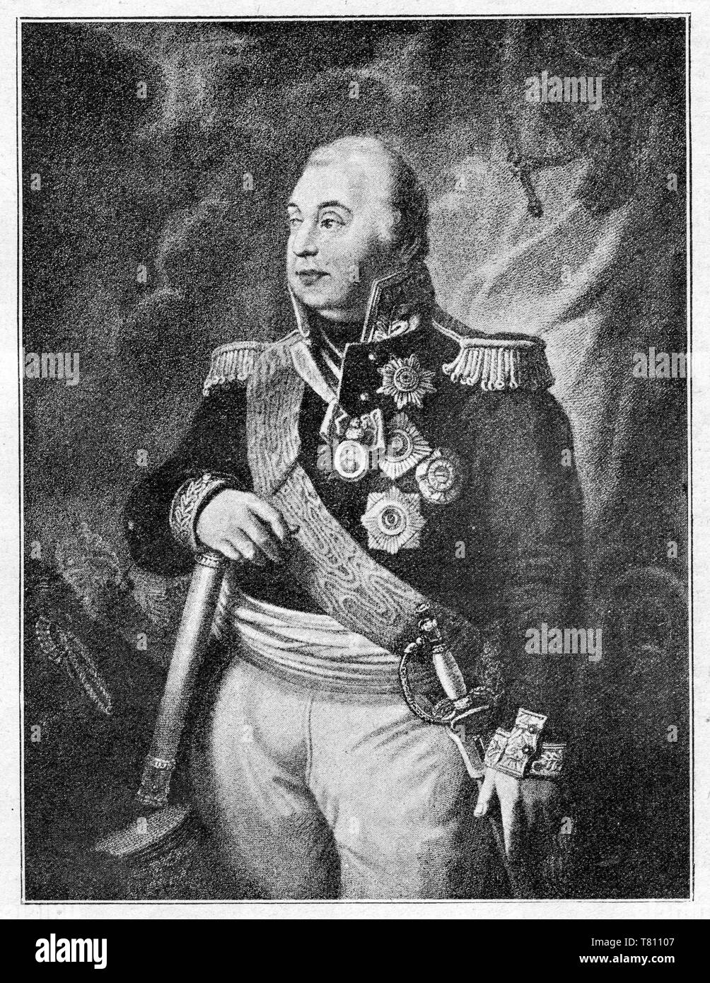 Mikhail Kutuzov, Russian army commander who repelled Napoleon’s invasion of Russia (1812). Digital improved reproduction from Illustrated overview of the life of mankind in the 19th century, 1901 edition, Marx publishing house, St. Petersburg Stock Photo