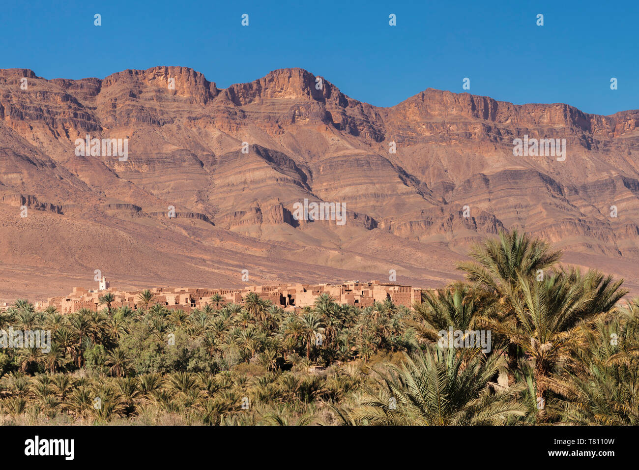 View over Draa Valley to Tamnougalt, Atlas Mountains, Morocco, North Africa, Africa Stock Photo
