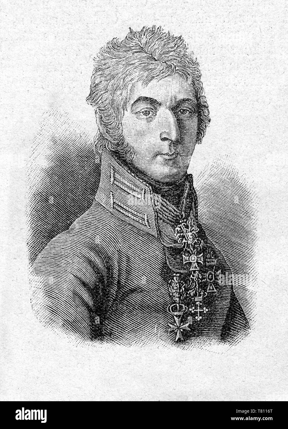 Pyotr Bagration, a Russian general and prince of Georgianorigin, prominent during the Napoleonic Wars/1812/. Digital improved reproduction from Illustrated overview of the life of mankind in the 19th century, 1901 edition, Marx publishing house, St. Petersburg Stock Photo