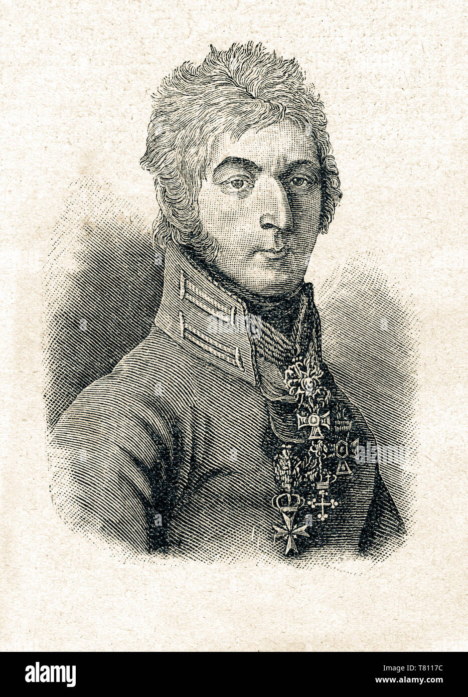 Pyotr Bagration, a Russian general and prince of Georgianorigin, prominent during the Napoleonic Wars/1812/. Digital improved reproduction from Illustrated overview of the life of mankind in the 19th century, 1901 edition, Marx publishing house, St. Petersburg Stock Photo