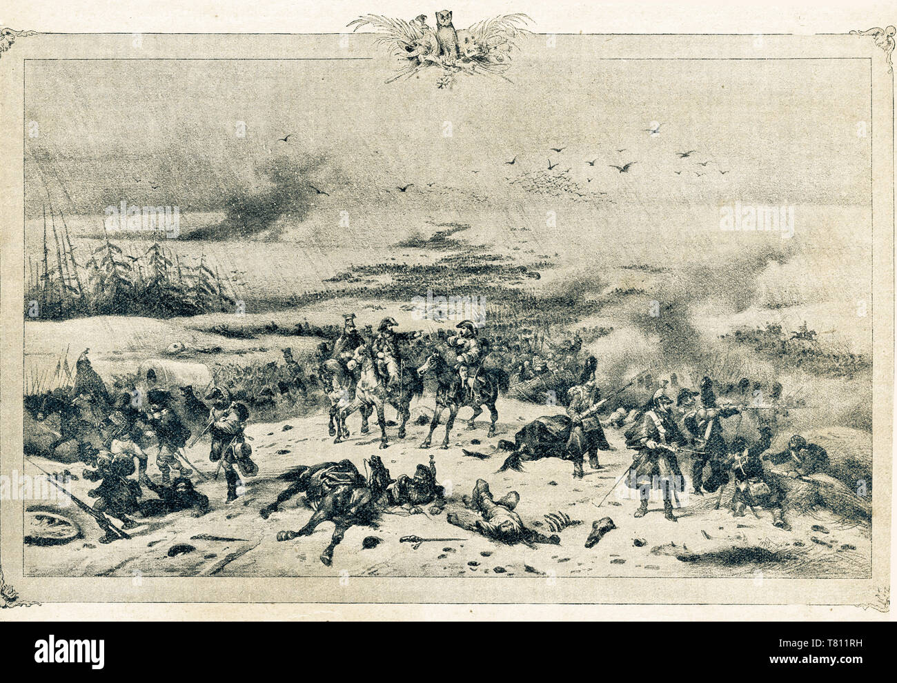 The retreat of the great army of Napoleon. Digital improved reproduction from Illustrated overview of the life of mankind in the 19th century, 1901 edition, Marx publishing house, St. Petersburg Stock Photo