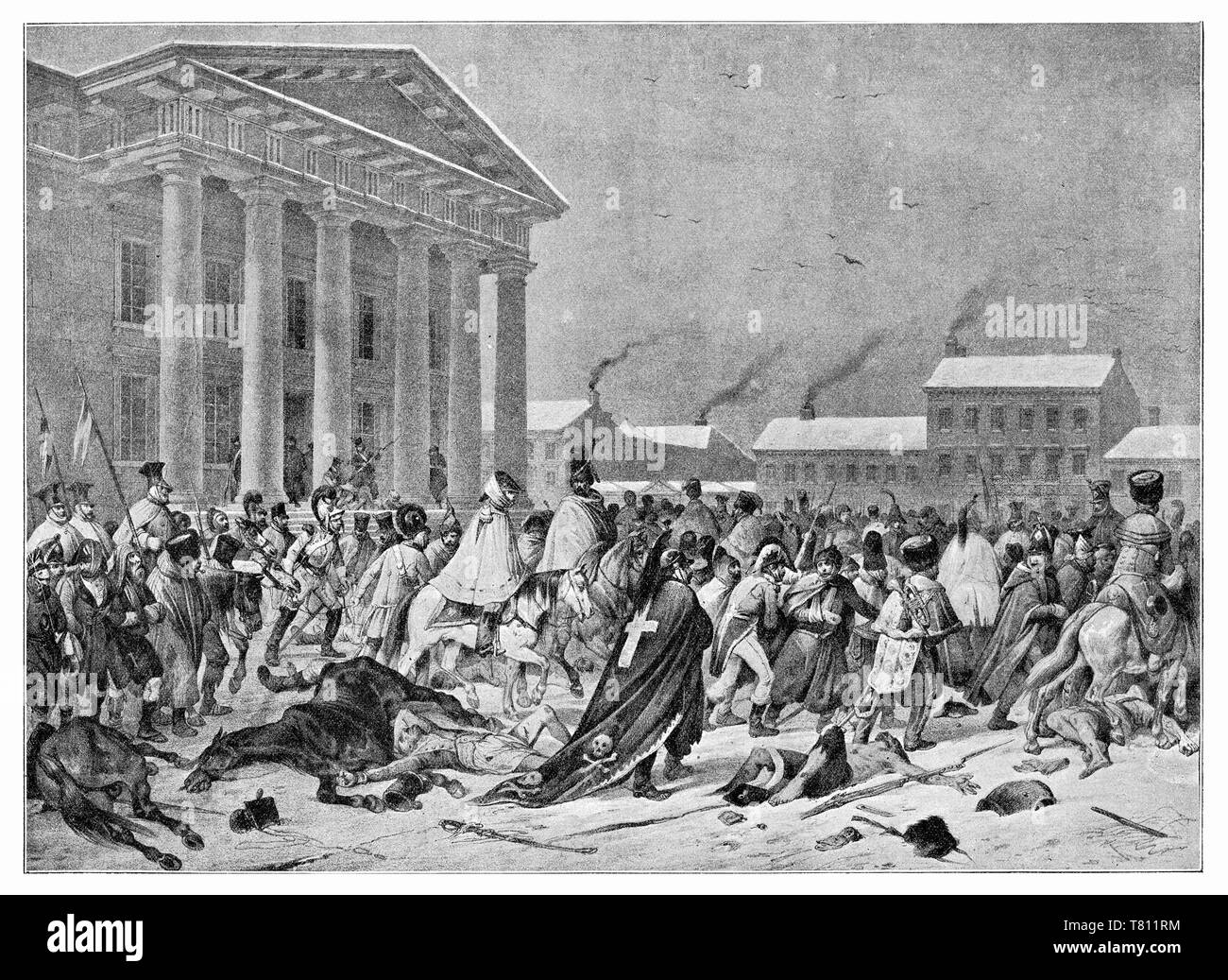 The retreat of the great army of Napoleon through Vilna. Figure. from the nature of F. Daniel. Digital improved reproduction from Illustrated overview of the life of mankind in the 19th century, 1901 edition, Marx publishing house, St. Petersburg Stock Photo