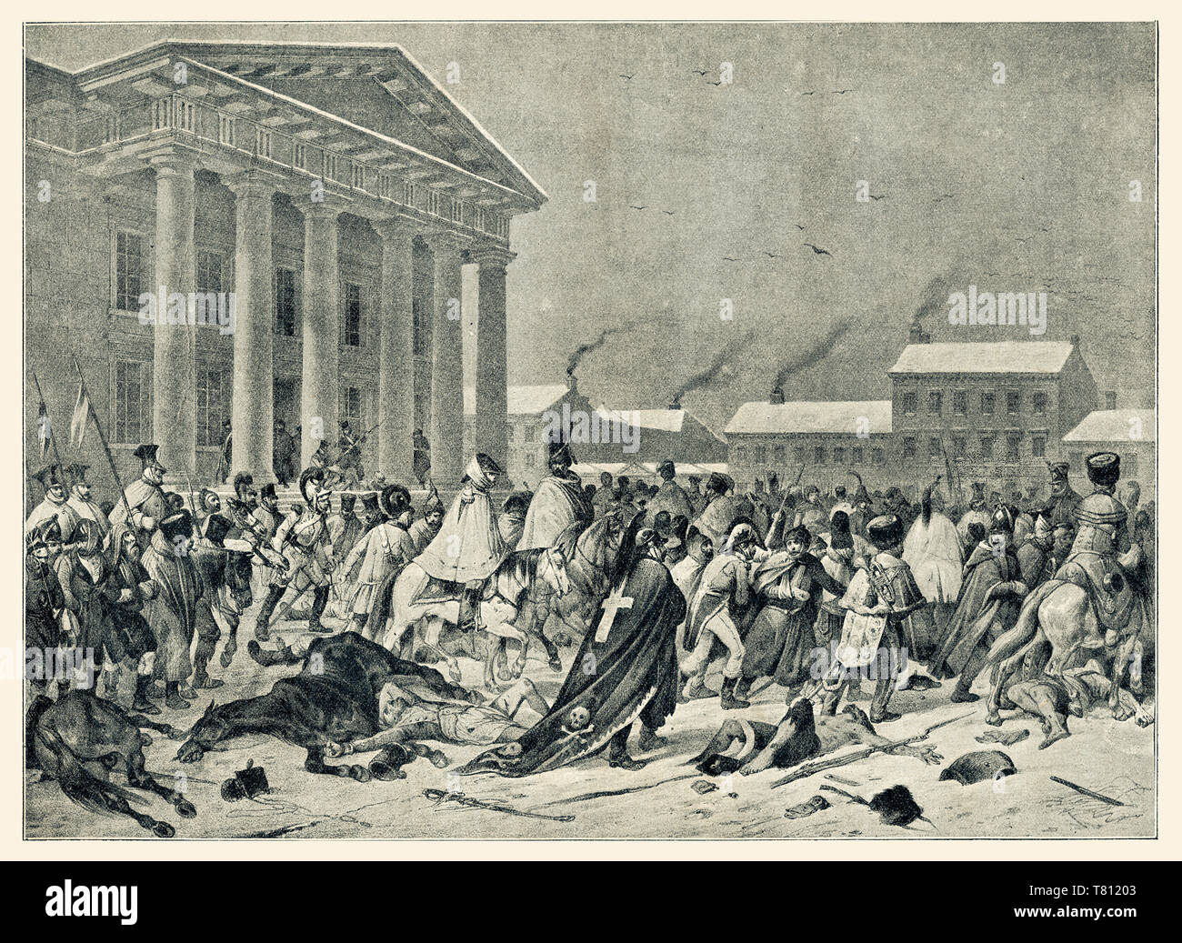 The retreat of the great army of Napoleon through Vilna. Figure. from the nature of F. Daniel. Digital improved reproduction from Illustrated overview of the life of mankind in the 19th century, 1901 edition, Marx publishing house, St. Petersburg Stock Photo