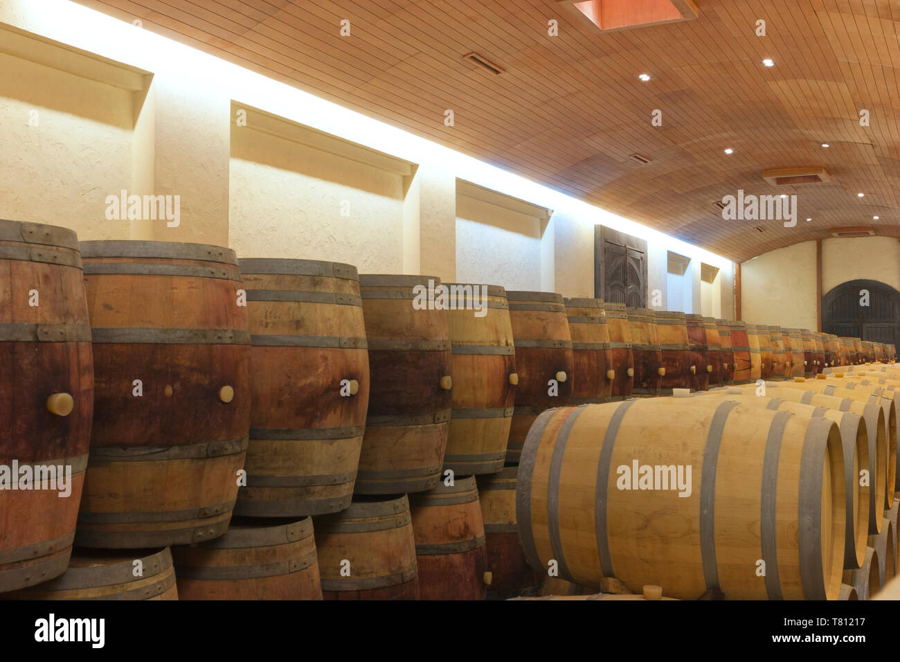 Wine cellar with rows of wooden barrels containing aging alcoholic drink . Stock Photo