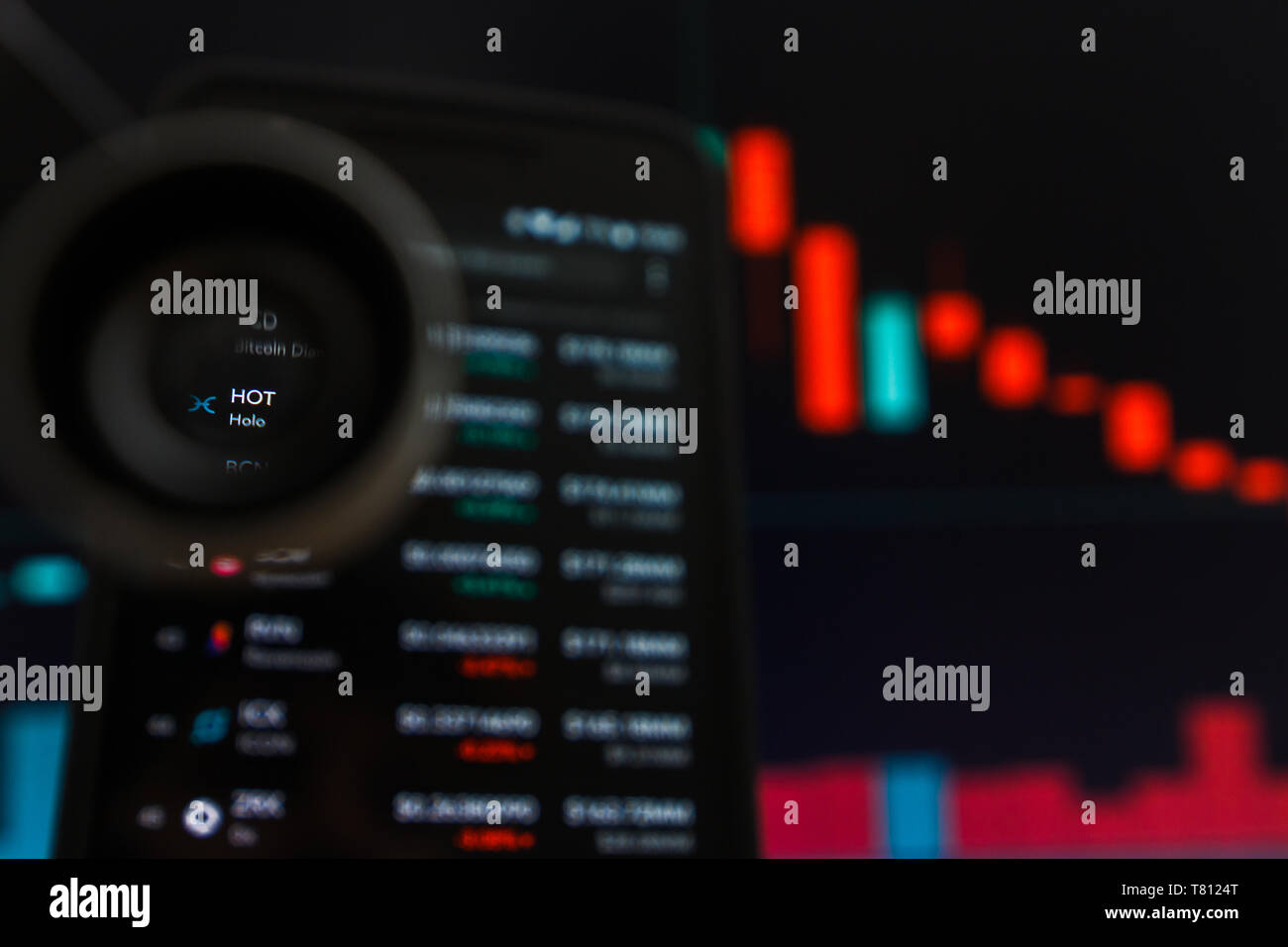 SAN FRANCISCO, US - 9 May 2019: A Graph of Decreasing Trend of HOT Holo Cryptocurrency. The Illustration of Red Candles Bar Falling Down Trend, San Fr Stock Photo