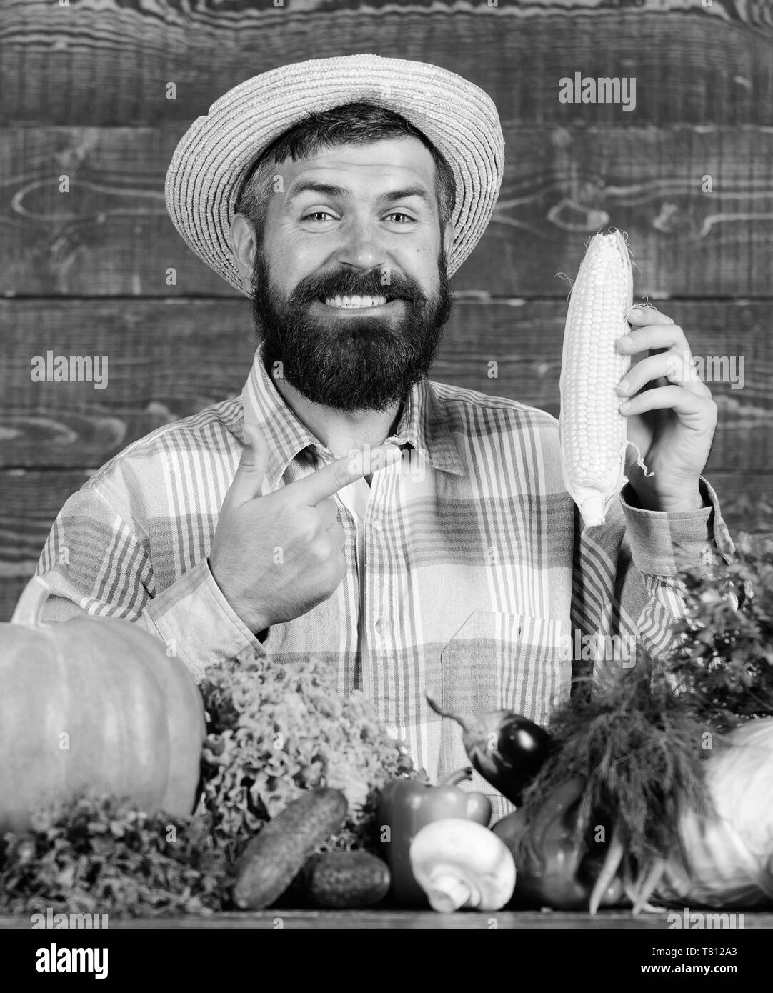 Farmer rustic villager appearance. Grow organic crops. Man cheerful