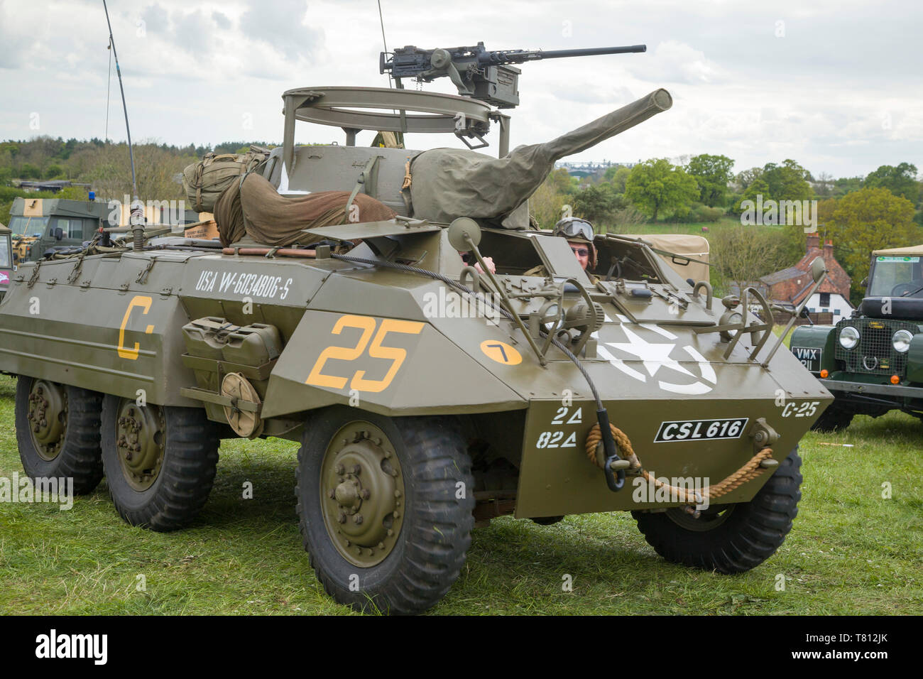A fully restored WW2 American Military M8 Greyhound Scout Car at a classic car show. Stock Photo