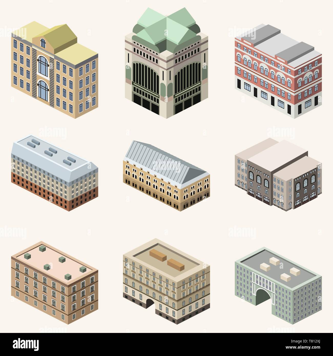 vector collection of 3d isometric buildings. Isolated icons set Stock Vector