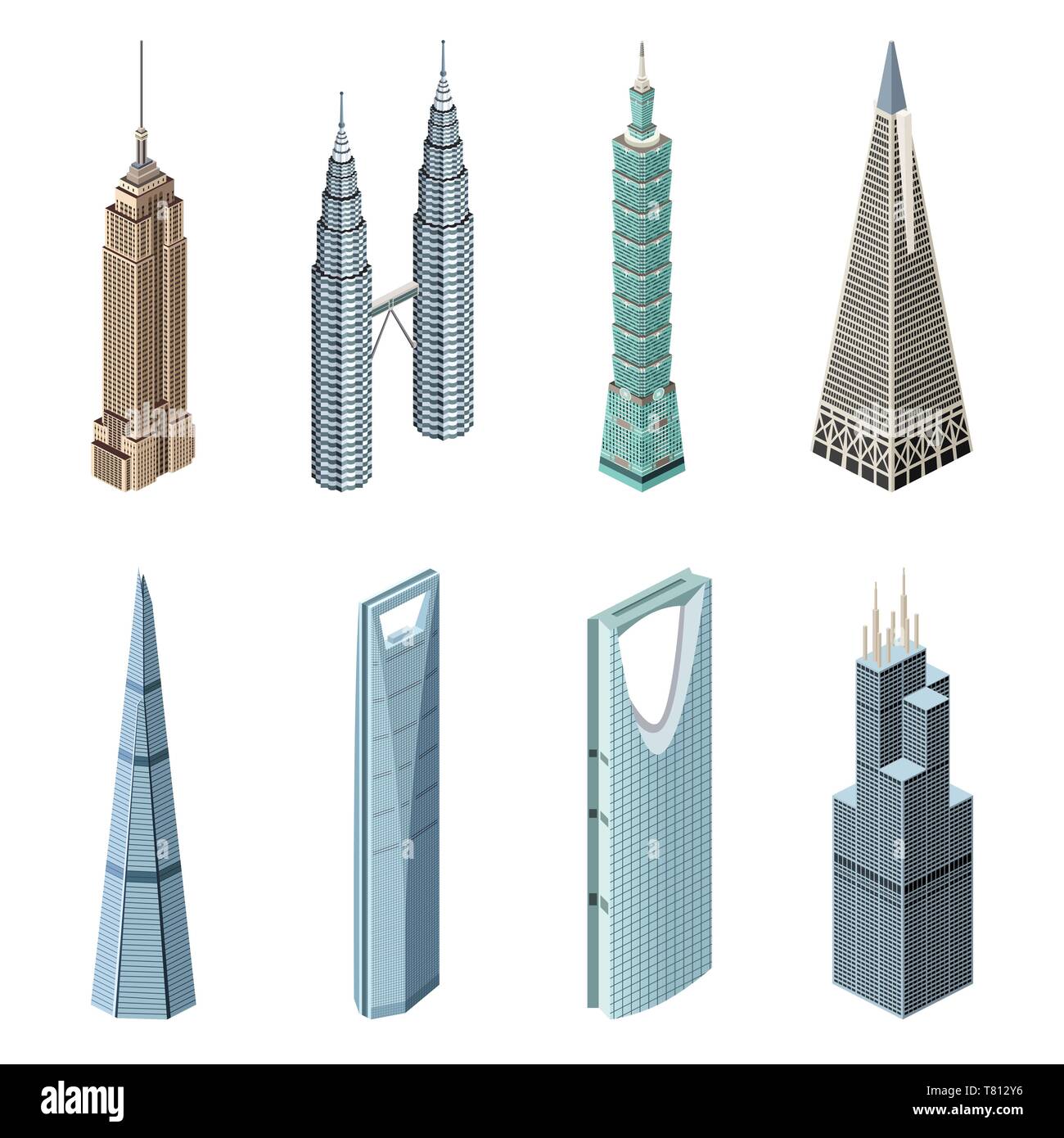 Famous world skyscrapers vector isometric high detailed icons isolated on white background Stock Vector