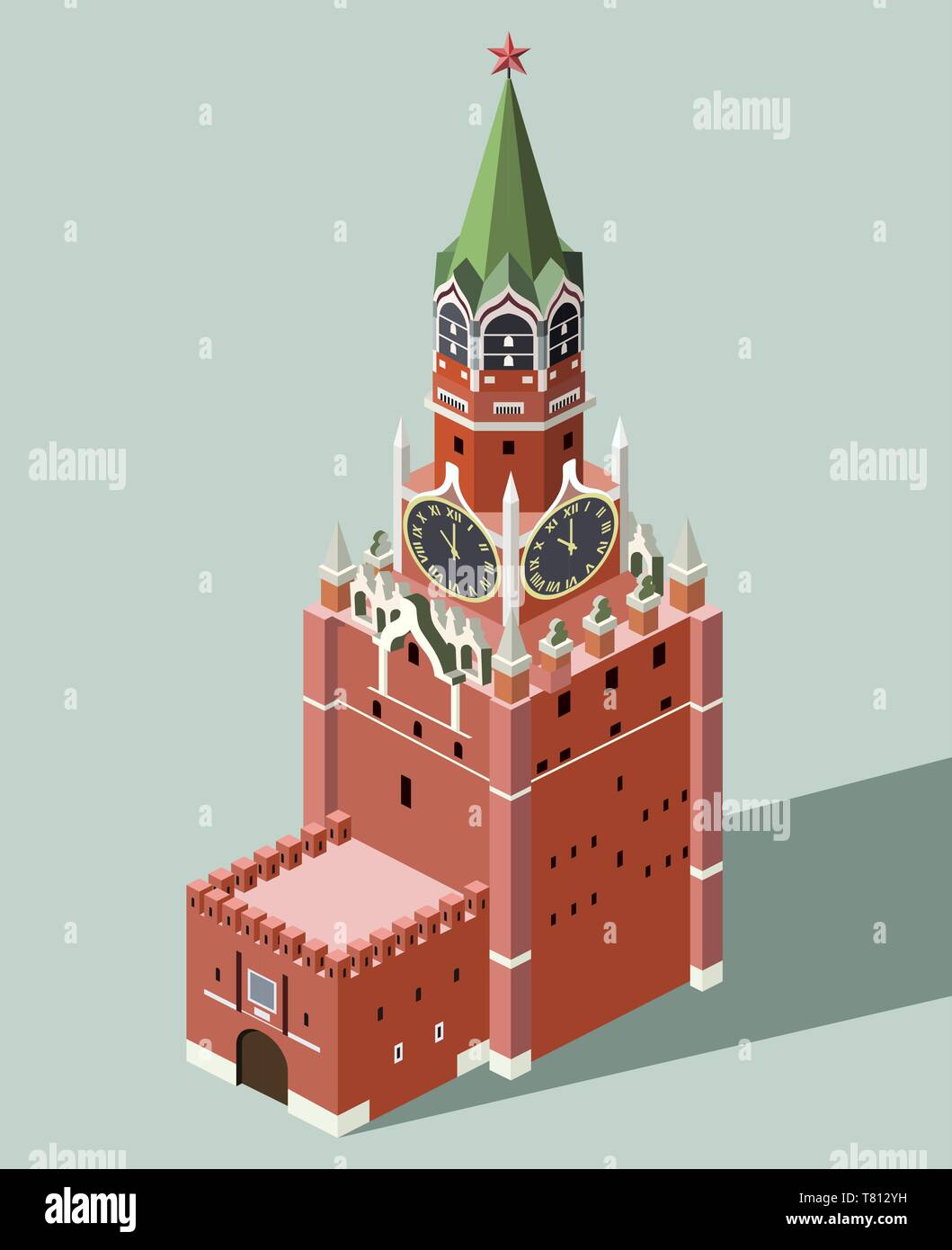 vector 3d isometric icon of Spasskaya Tower of Moscow Kremlin with flat style colored background and shadow Stock Vector
