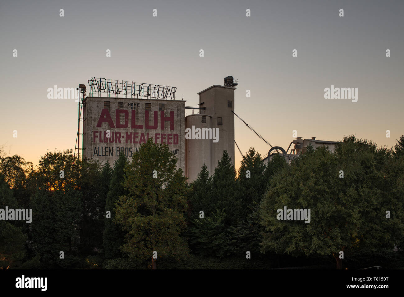 The iconic Adluh Flour Mill still stands and remains a working mill complete with a small retail store located in Columbia, South Carolina. Stock Photo